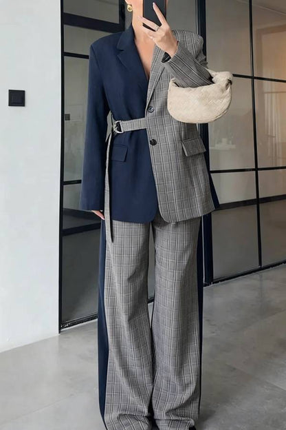 Nayla Plaid Contrast Color Belted Long Sleeve Lapel Blazer and Pocketed Wide Leg Pants Set