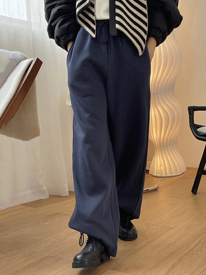 Simple Solid Color Drawstring  Waist Velvet Casual Wide Leg Pants