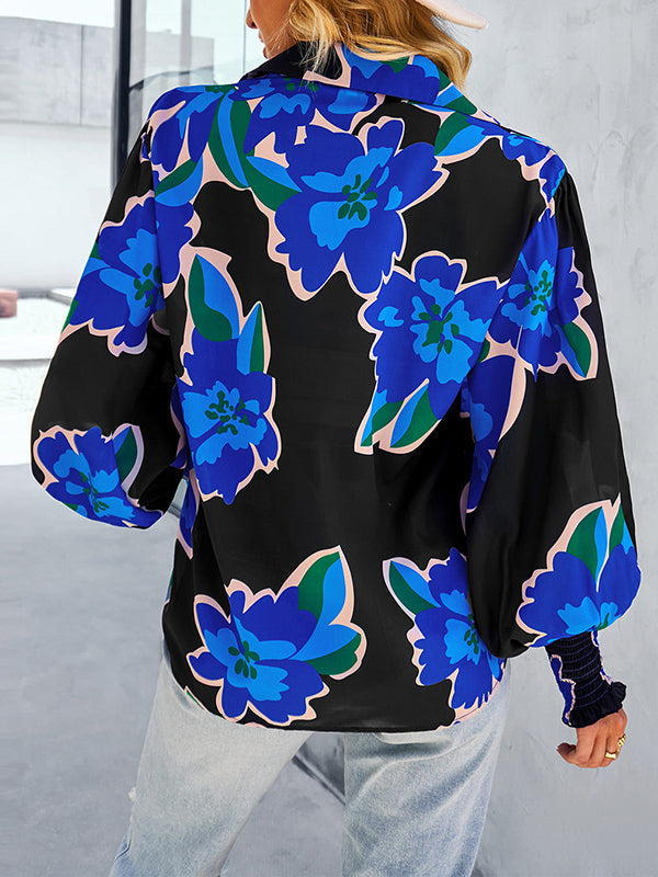 Long Sleeves Loose Buttoned Elasticity Flower Print Polo Blouses&Shirts Tops
