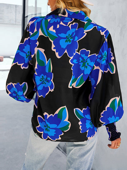 Long Sleeves Loose Buttoned Elasticity Flower Print Polo Blouses&Shirts Tops