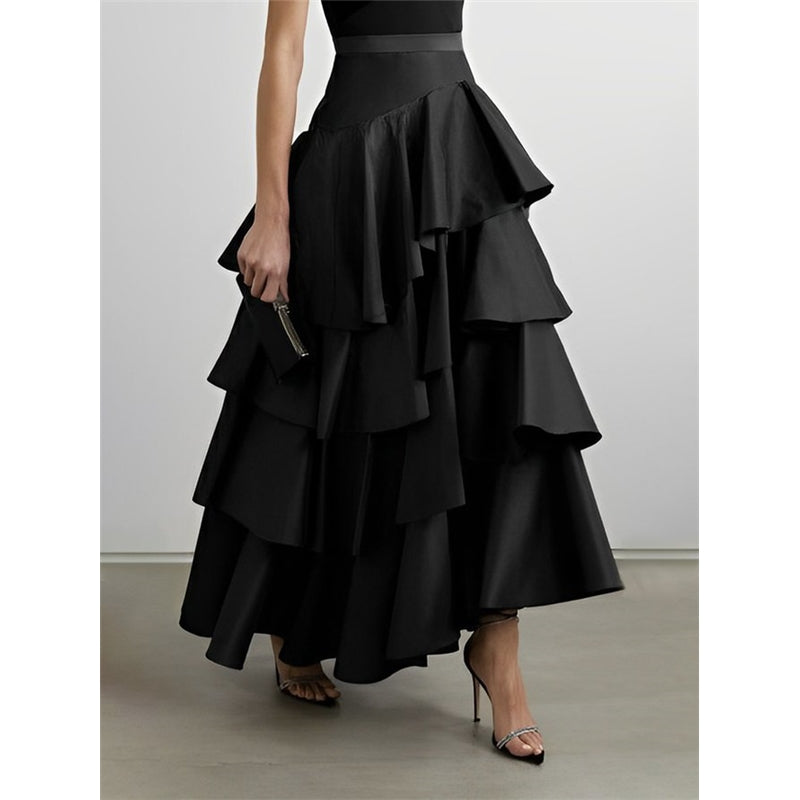 A-Line High Waisted Falbala Solid Color Long Skirts