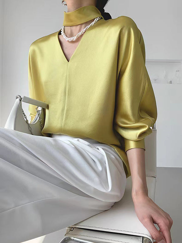 Wrap Hollow Solid Color V-Neck Blouses&Shirts Tops