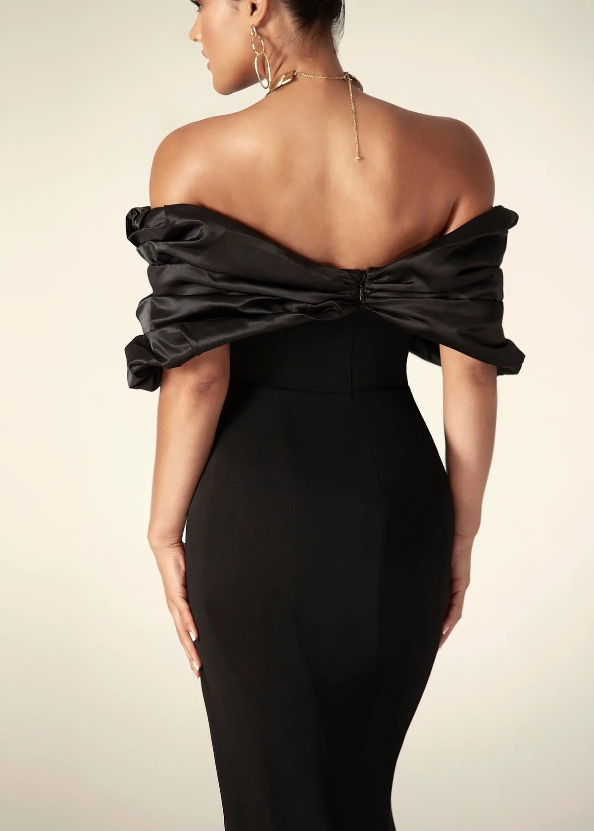 Off Shoulder Satin Evening Gown With Thigh Slit