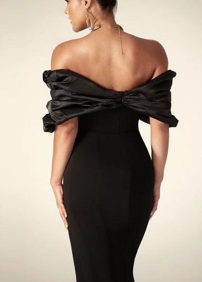 Off Shoulder Satin Evening Gown With Thigh Slit