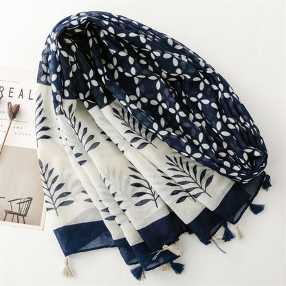Scarvii - Blue &amp; White Wheat Pattern Bohemian Scarf