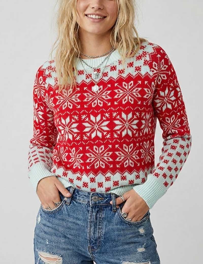 Snowflake Round Neck Knit Christmas Sweater
