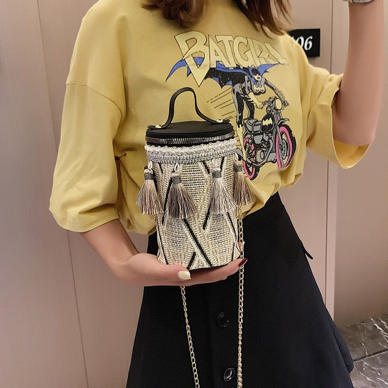 Casual Striped One Shoulder Tasseled Round Bag
