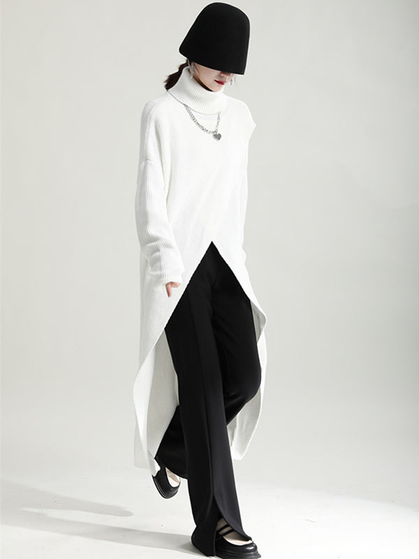 Original High-Low Asymmetric Knitting Dress High-Neck Sweater Dress