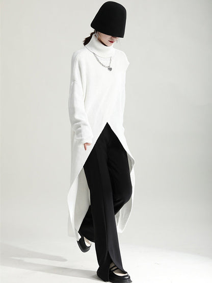 Original High-Low Asymmetric Knitting Dress High-Neck Sweater Dress