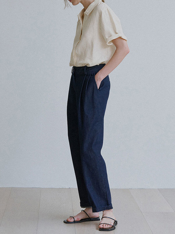 Loose Short Sleeves Buttoned Pleated Solid Color Split-Side Lapel Blouses&Shirts Tops