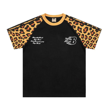 Leopard Print Spliced Raglan Sleeve T-Shirt