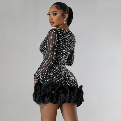 Sexy Rhinestone Beaded Bodycon Dress Long Sleeve