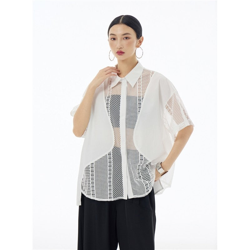Sheer Mesh Polo Collar Short Sleeve Shirt  Loose Fit, Slimming Effect, Stylish & Versatile Top For Women