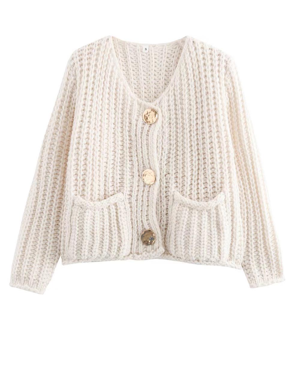 Chunky Knit V-Neck Button Down Crop Cardigan