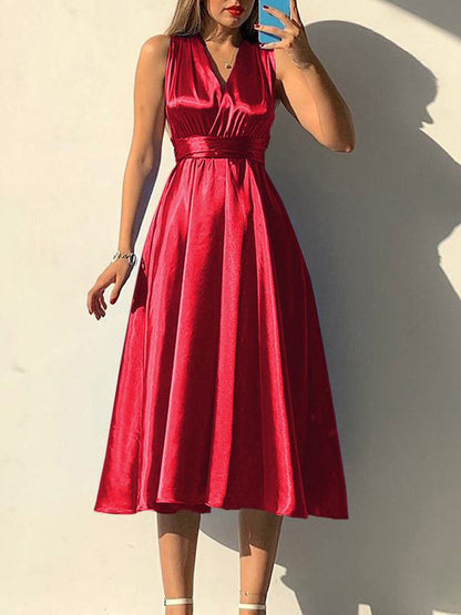 Solid Color Bandage Sleeveless Elegant Satin Midi Dresses