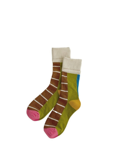 Rufia - Colorful Patchwork Stripe Mid-Calf Socks - Classic &amp; Fresh
