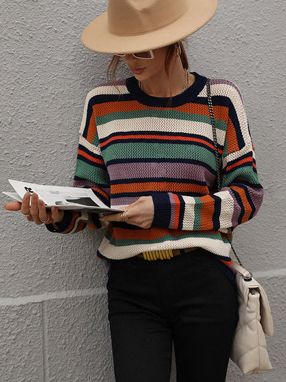 Original Long Sleeves Loose Contrast Color Striped Round-Neck Sweater Tops
