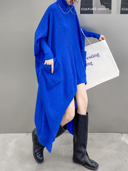 Batwing Sleeves High-Low Pockets Solid Color Split-Joint High-Neck Midi Dresses Sweater