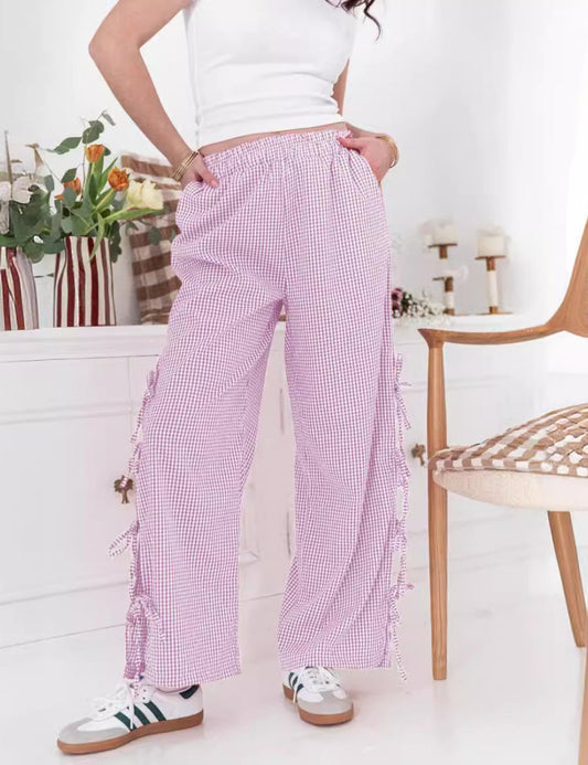 Plaid String Tie Straight Leg Pants