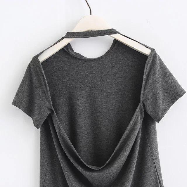 2018 New Arrival Women Sexy Leak Back Hanging Neck T-Shirt