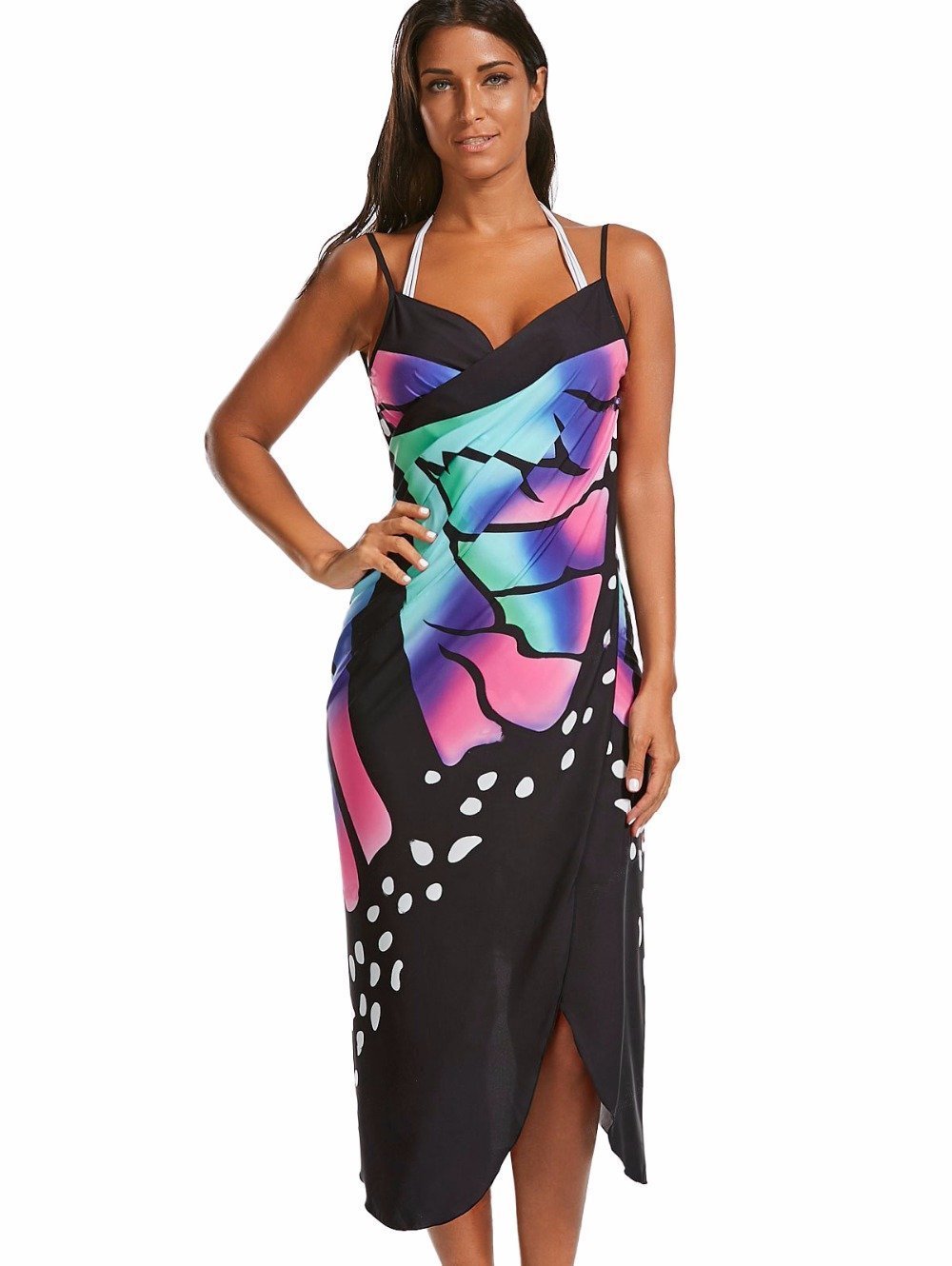 Butterfly Print Sexy Backless Beach One-Piece Cover-Up Dress