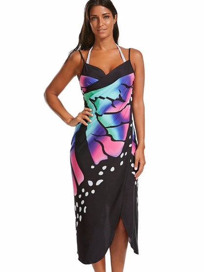 Butterfly Print Sexy Backless Beach One-Piece Cover-Up Dress