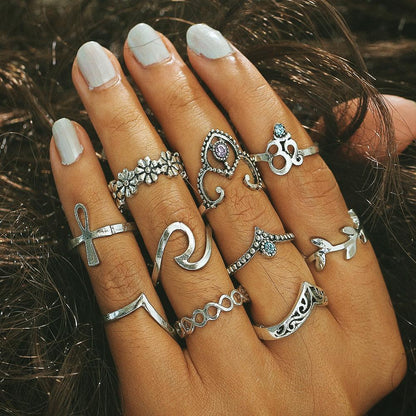 Vintage Crystal Hollow Carved V-Shaped Flowers 10 Sets Of 10 Sets Of Rings Ring Sets Of Jewelry
