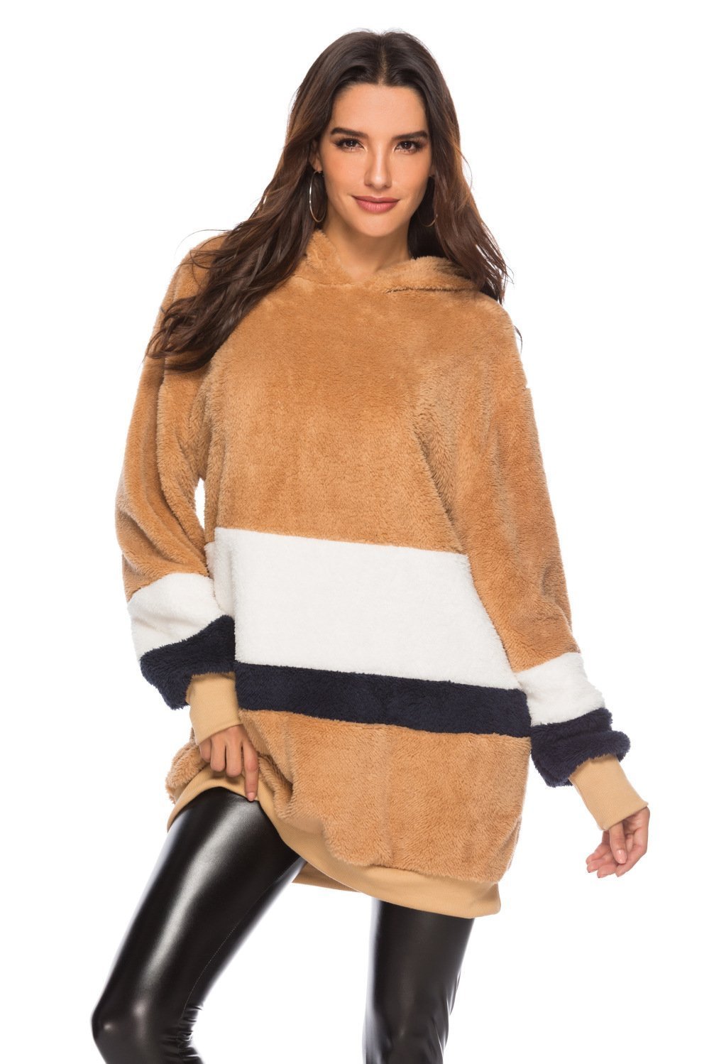 Color Contract Plush Hoodie Loose Stitching Mid-Length Sweater