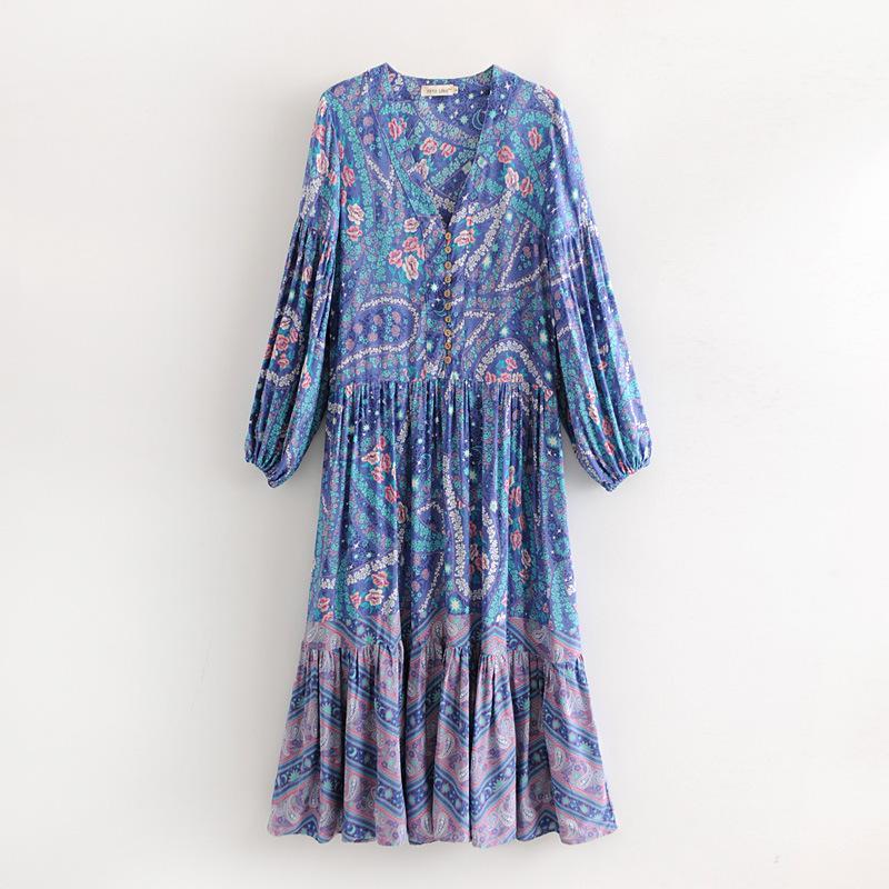 Bohemian Floral Long Sleeve V-Neck Button Maxi Loose Dress