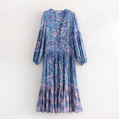 Bohemian Floral Long Sleeve V-Neck Button Maxi Loose Dress