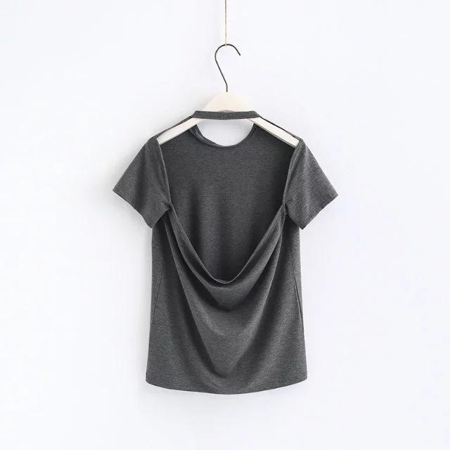 2018 New Arrival Women Sexy Leak Back Hanging Neck T-Shirt