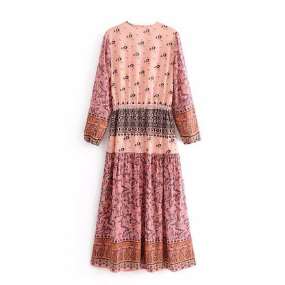 Pink Printed Wavy Ribbon Hollow Big Skirt Holiday Dress