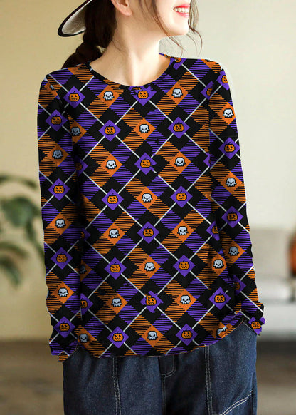 Elegant Beige O-Neck Print Cotton Knitted Top Long Sleeve