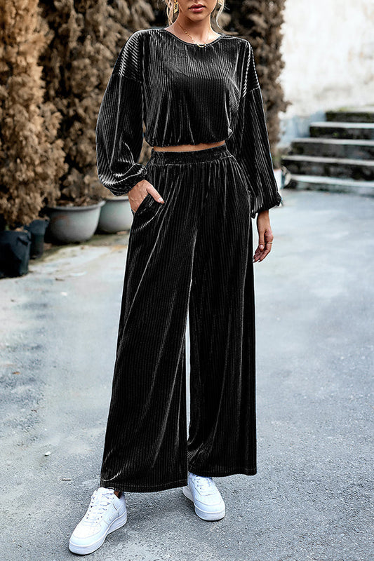 Velvet Long Sleeved Top and Wide Leg Pants Two Piece Set