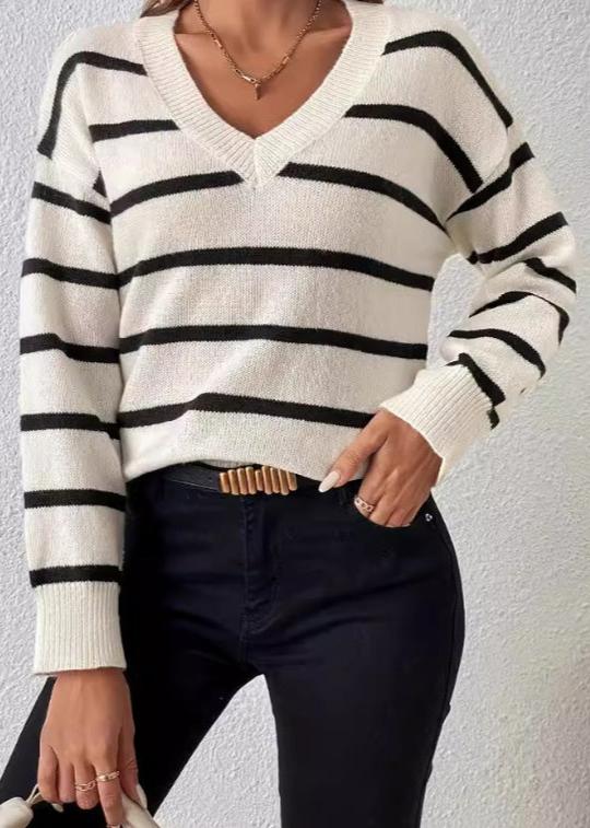 Striped V Neck Sweater Soft Cozy Fabric