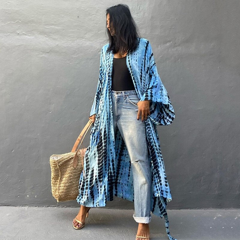 Long Sleeve Printing Waist Tied Casual Loose Long Beach Bikini Cardigan Cover-Up