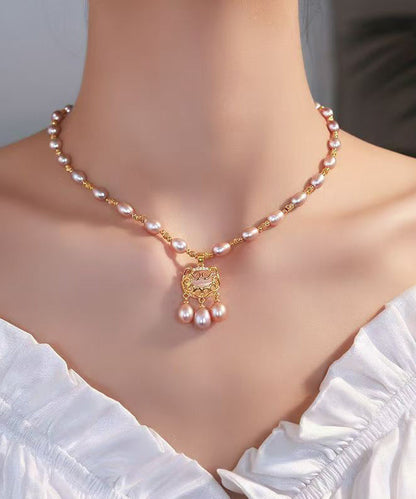 Fashion Light Purple Sterling Silver Overgild Pearl Safe Lock Pendant Necklace