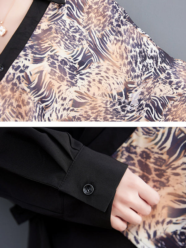 Long Sleeves Loose Contrast Color Printed Split-Joint Leopard Polo Blouses&Shirts Tops + Ninth  Culotte