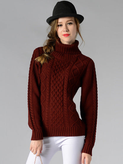 Casual 5 Colors Jacquard High-Neck Long Sleeves Sweater Top