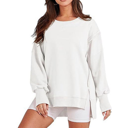 High-Low Long Sleeves Fringed Solid Color Split-Joint Split-Side Round-Neck Sweatershirt
