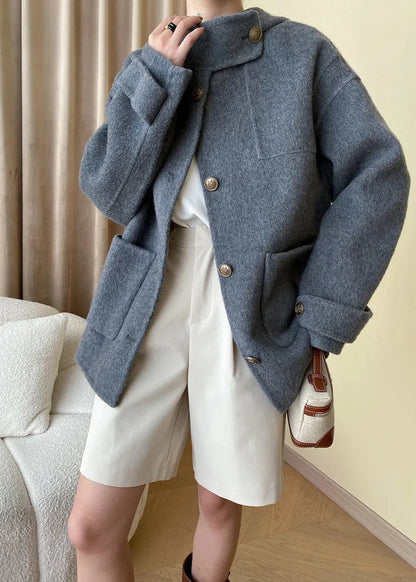 Wool Blend Buttoned Coat with Stand Collar