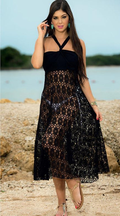 Solid Color Black Or White Lace Hollow Maxi Skirt Bottom Two Wear Ways