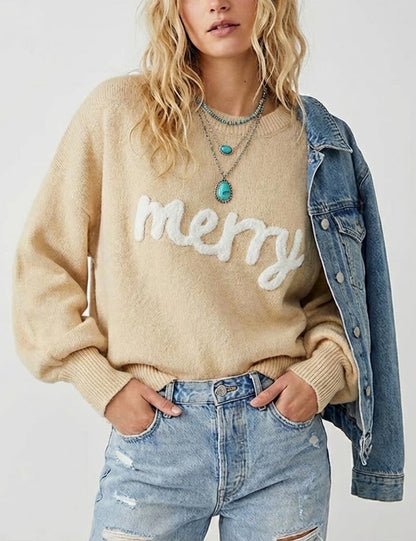 Knitted Graphic Round Neck Merry Pullover Sweater