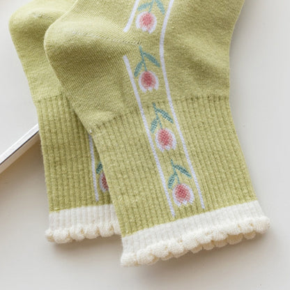 Rufia - Women's Floral Tulip Mid-Calf Socks - Green / White