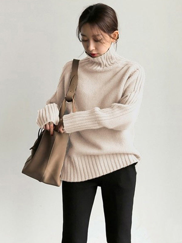 Loose Long Sleeves Solid Color High-Neck Sweater Tops