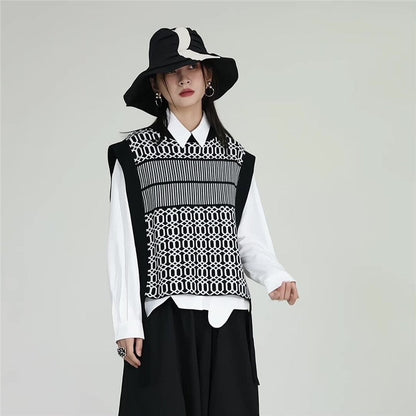 Black White Striped Knit Vest