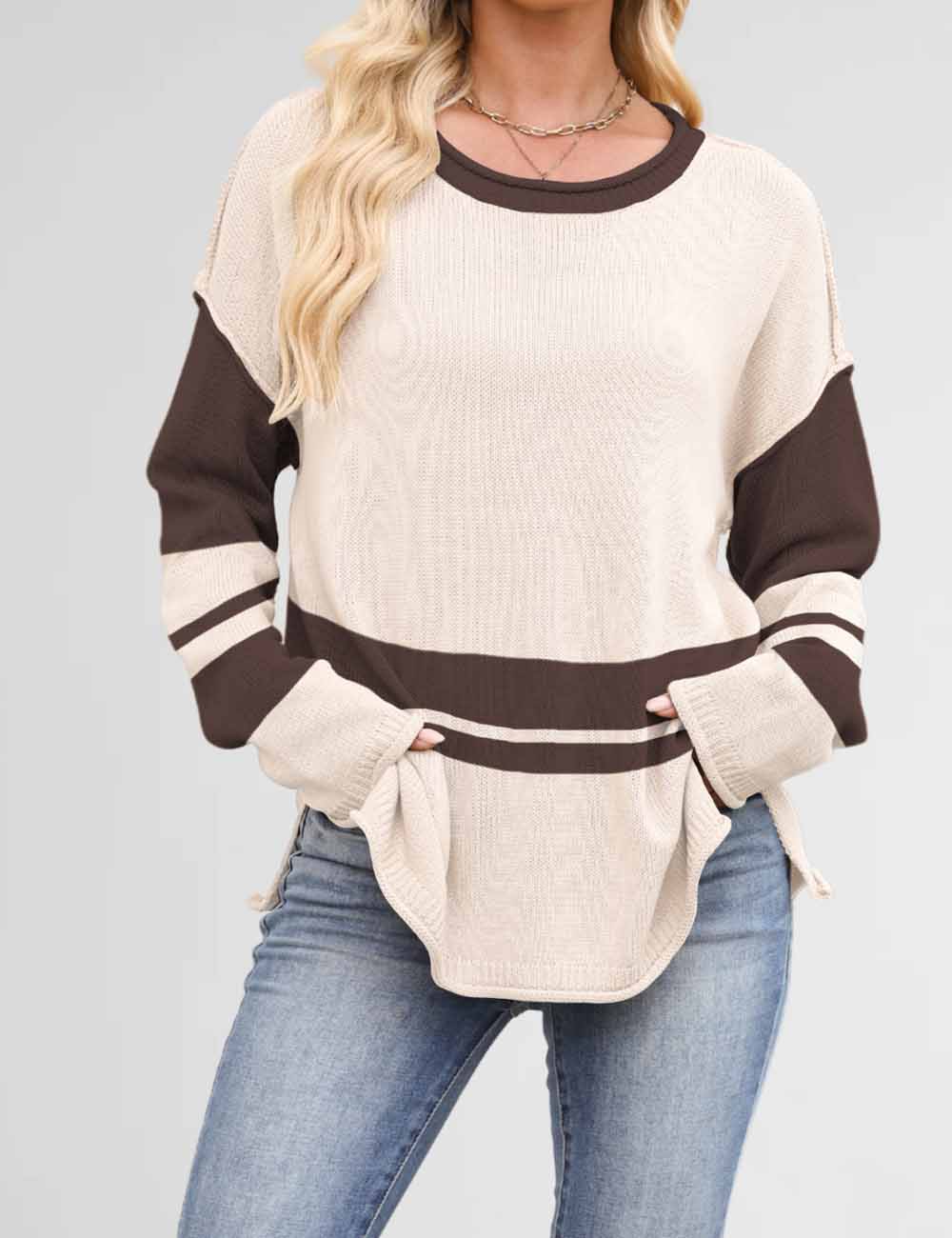 Color Block Round Neck Loose Sweater