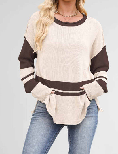 Color Block Round Neck Loose Sweater