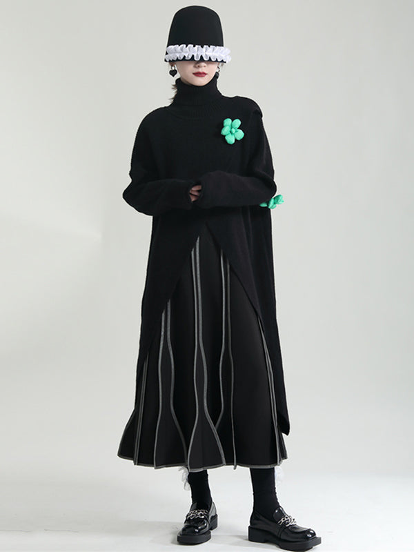Original High-Low Asymmetric Knitting Dress High-Neck Sweater Dress