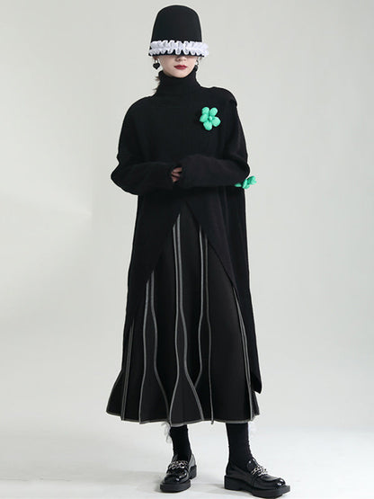 Original High-Low Asymmetric Knitting Dress High-Neck Sweater Dress